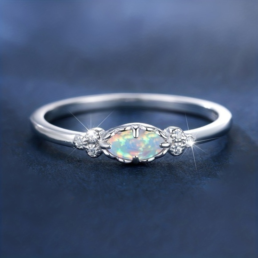 Elegant Silver Opal and faux Diamond Ring